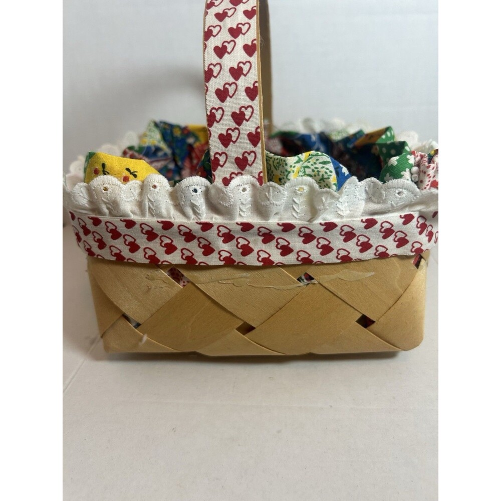 Woven Basket Fabric Cushioned Liner Heart Trim 7.5” Farmhouse Grannycore Decor - Picture 6 of 16